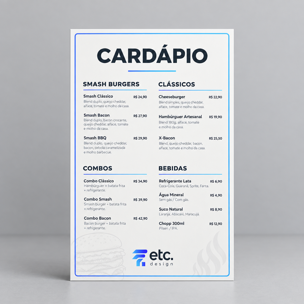 Cardápio em PVC 1 mm 21x30 cm Personalizado